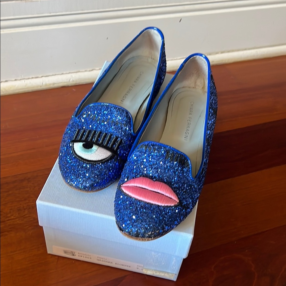 Chiara Ferragni Blue Glitter Loafers